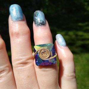 Gently Used Square Crystal AB Button Handmade Ring, 14k Gold Filled Twisted Wire